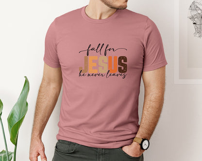 brand:Bella Canvas|color:Heather Mauve|Fall For Jesus He Never Leaves 10 Graphic T-Shirt
