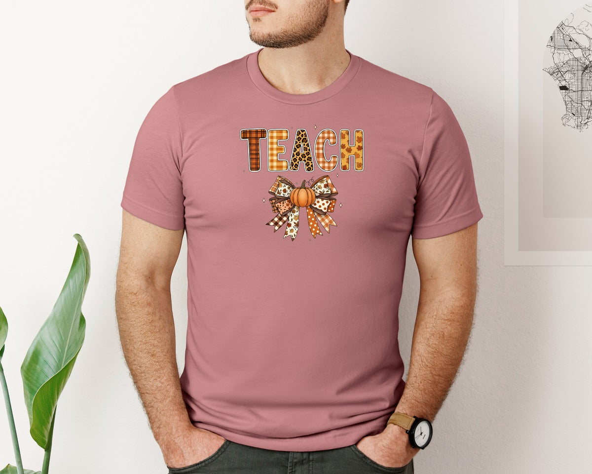 brand:Bella Canvas|color:Heather Mauve|Autumn Plaid Leopard Print Teacher Graphic T-Shirt