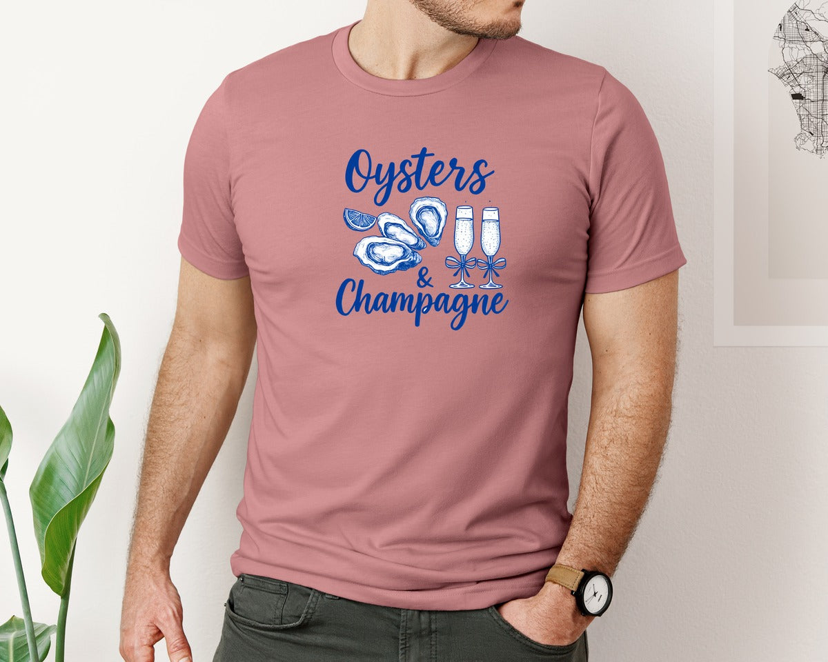 brand:Bella Canvas|color:Heather Mauve|Oysters And Champagne T Shirt Design Graphic T-Shirt