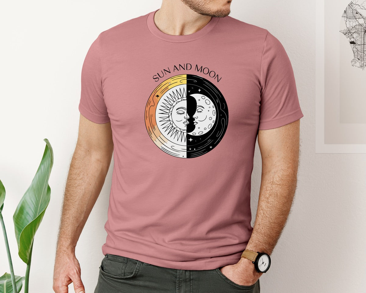 brand:Bella Canvas|color:Heather Mauve|Sun And Moon Celestial Face Art Graphic T-Shirt