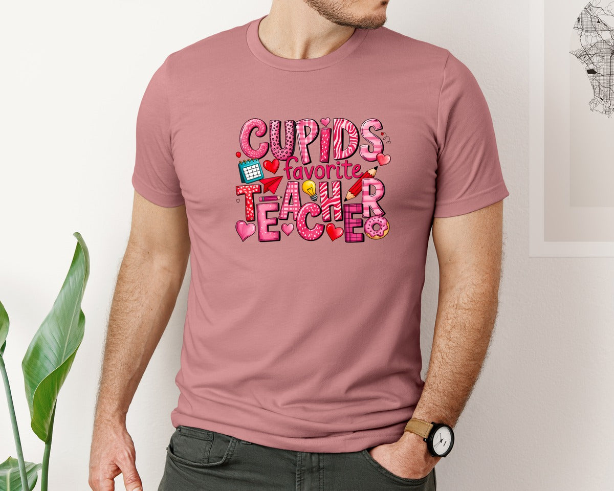 brand:Bella Canvas|color:Heather Mauve|Cupids Favorite Teacher 7 Graphic T-Shirt