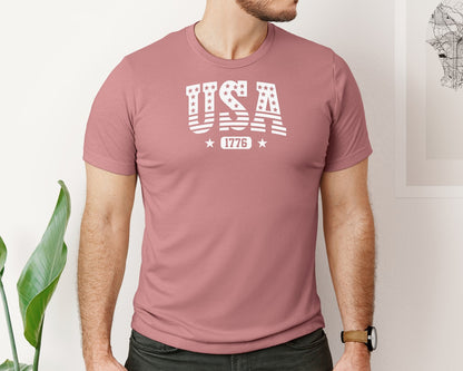 brand:Bella Canvas|color:Heather Mauve|4Th Of July Usa Flag 1776 Patriotic Graphic T-Shirt
