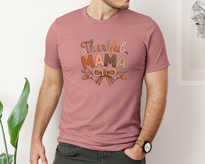 brand:Bella Canvas|color:Heather Mauve|Faux Yarn Thankful Mama Faux Yarn Graphic T-Shirt