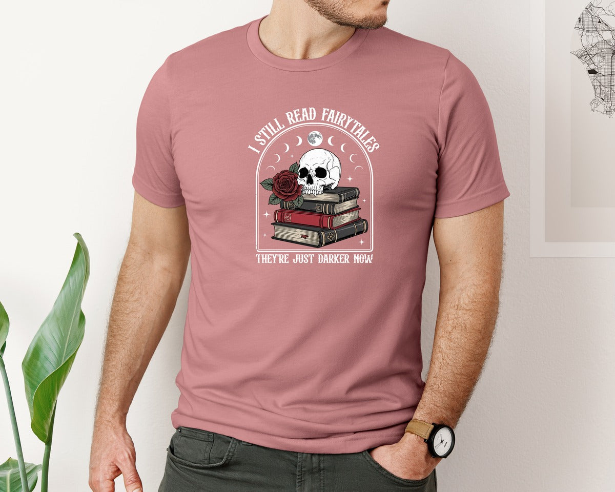 brand:Bella Canvas|color:Heather Mauve|Halloween Skeleton Rose Reading Book Graphic T-Shirt