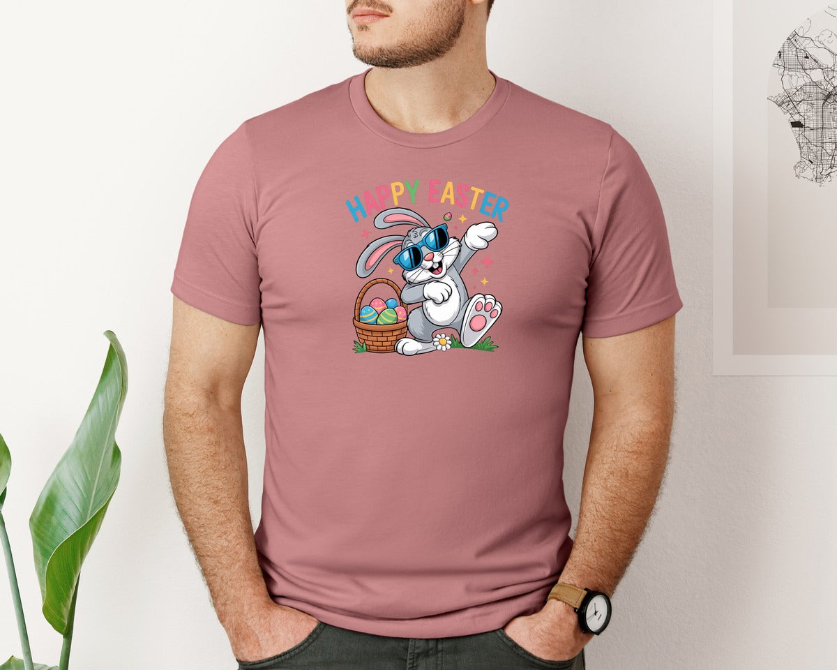 brand:Bella Canvas|color:Heather Mauve|Happy Easter Cool Bunny Shirt Graphic T-Shirt