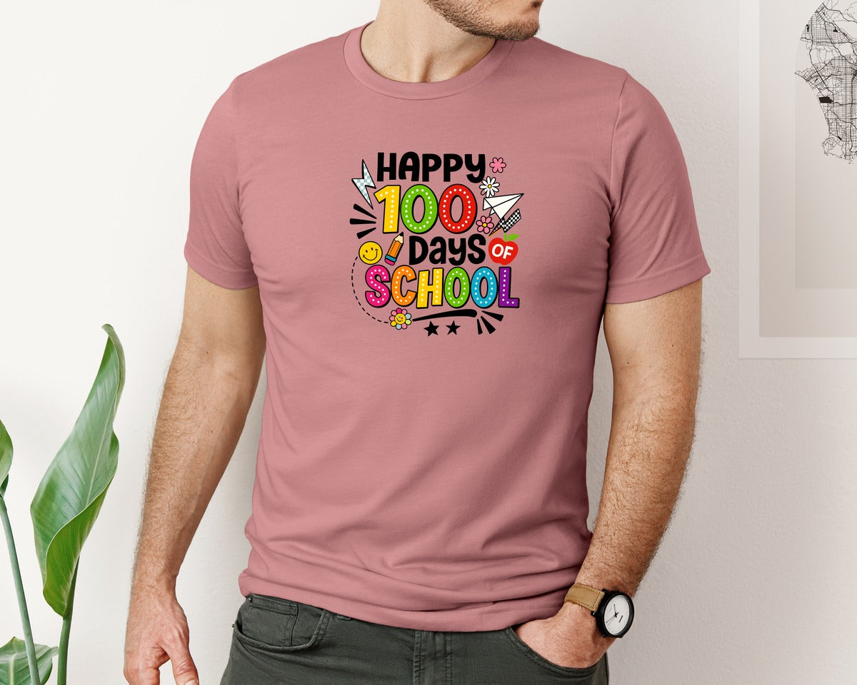 brand:Bella Canvas|color:Heather Mauve|Happy 100 Days Of School Shirt Graphic T-Shirt
