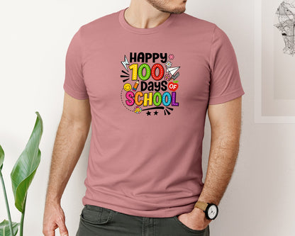 brand:Bella Canvas|color:Heather Mauve|Happy 100 Days Of School Shirt Graphic T-Shirt