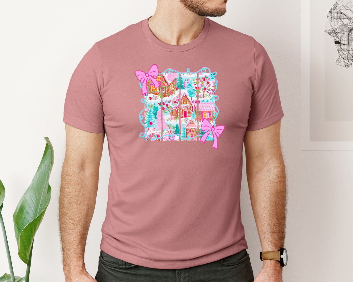 brand:Bella Canvas|color:Heather Mauve|Preppy Gingerbread Houses Brushstroke Graphic T-Shirt