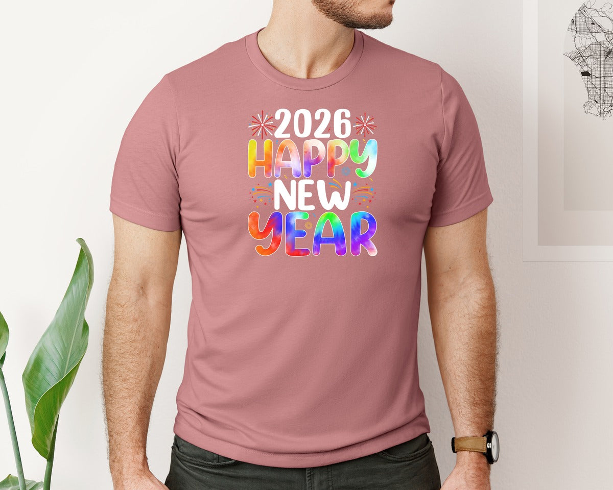 brand:Bella Canvas|color:Heather Mauve|Rainbow Happy New Year 2026 T Shirt Graphic T-Shirt