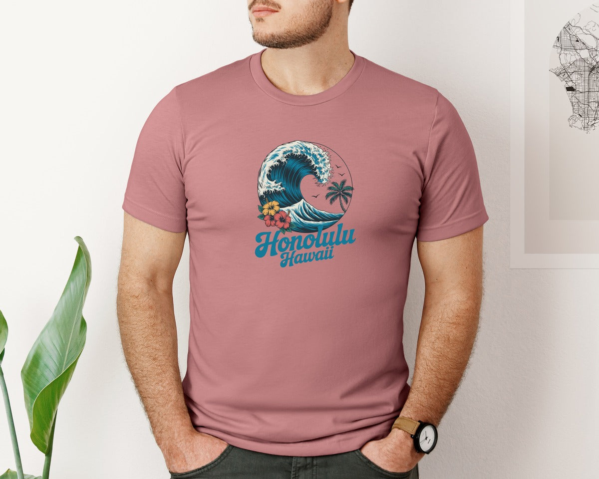 brand:Bella Canvas|color:Heather Mauve|Honolulu Hawaii Beach Aloha Summer Graphic T-Shirt