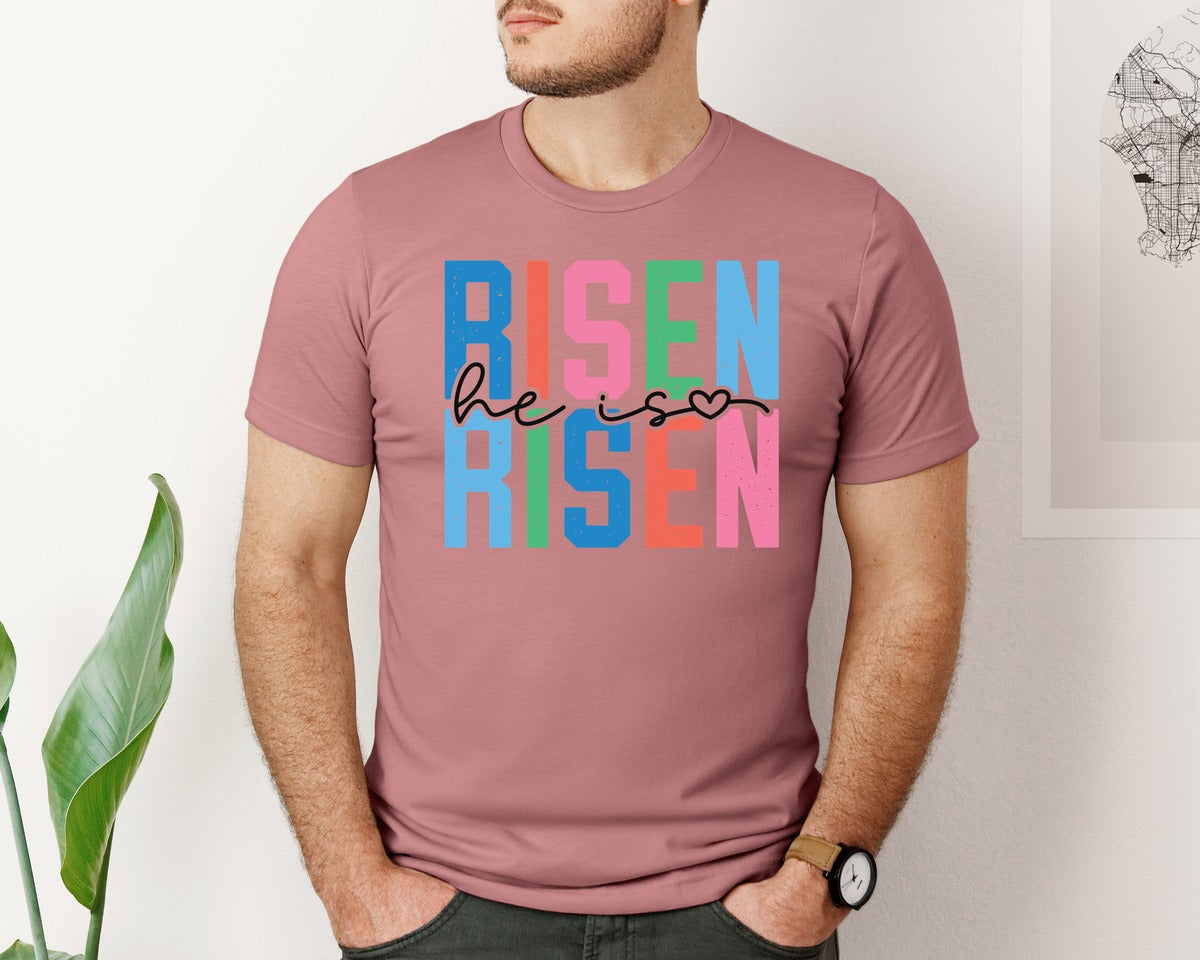 brand:Bella Canvas|color:Heather Mauve|He Is Risen Risen Retro Easter Graphic T-Shirt