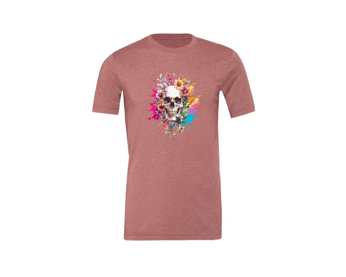 brand:Generic|color:Heather Mauve|Floral Skull Watercolor Skull Shirt Graphic T-Shirt