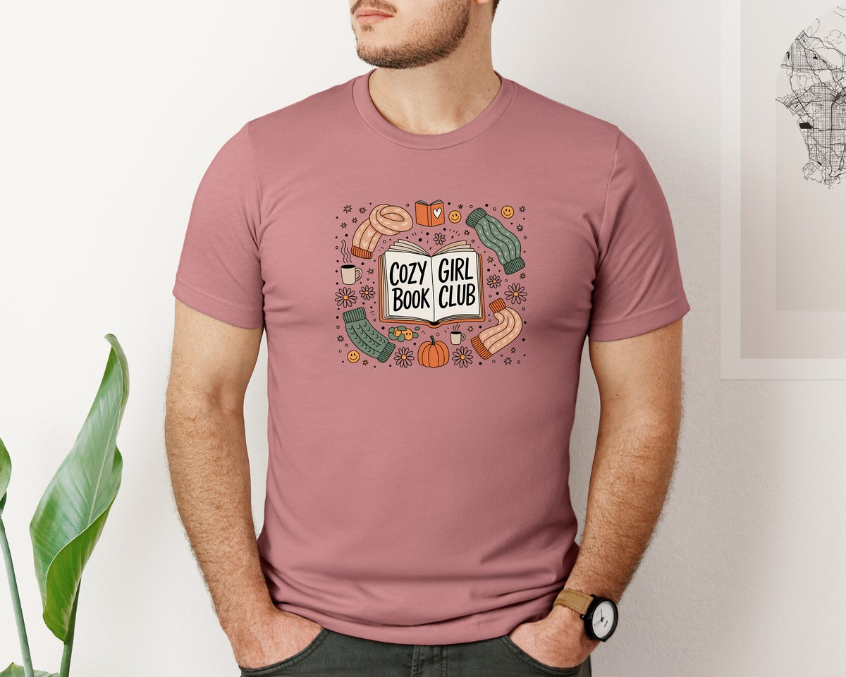 brand:Bella Canvas|color:Heather Mauve|Cozy Girl Book Club Fall Design Graphic T-Shirt