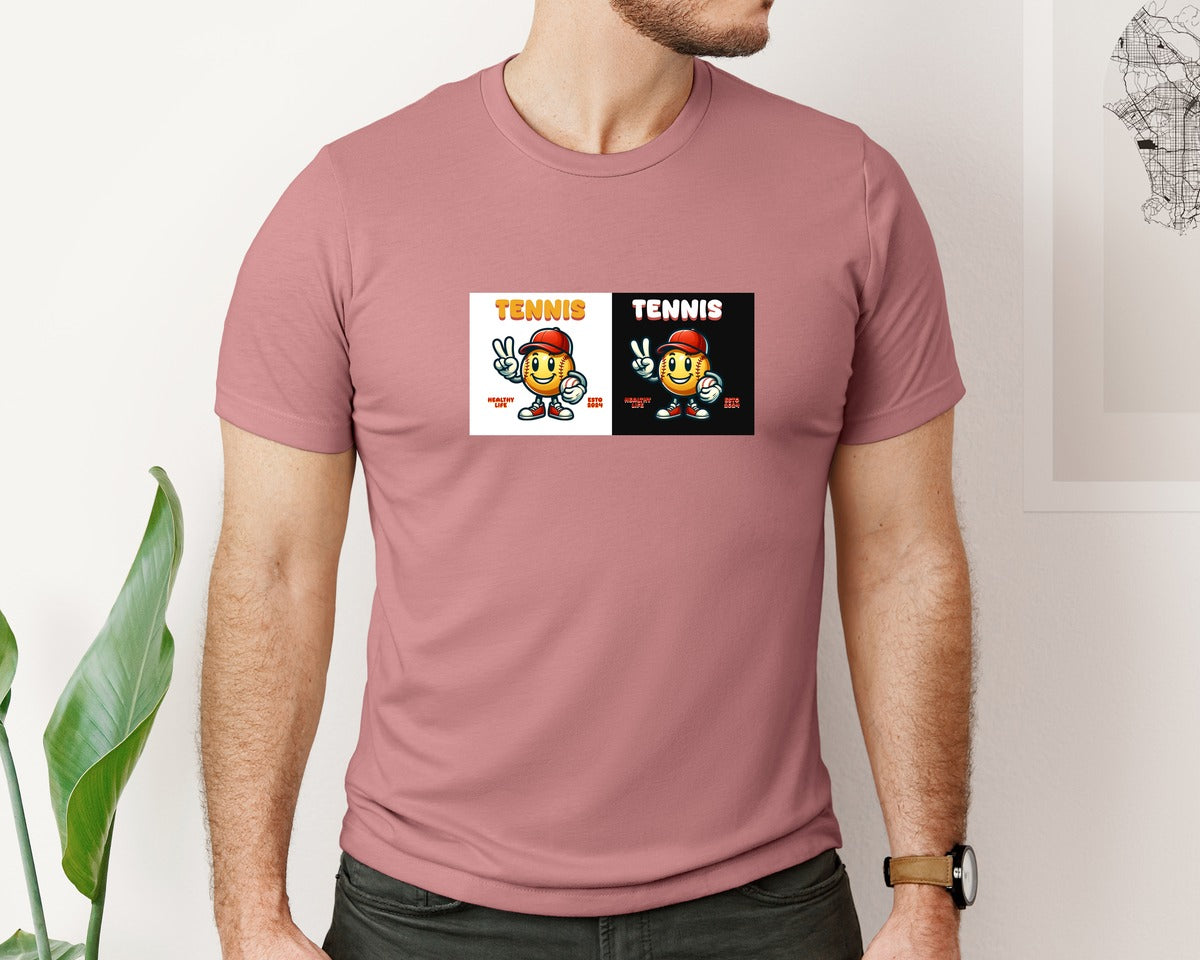 brand:Bella Canvas|color:Heather Mauve|Tennis Ball Fun Sports Emoji Graphic T-Shirt