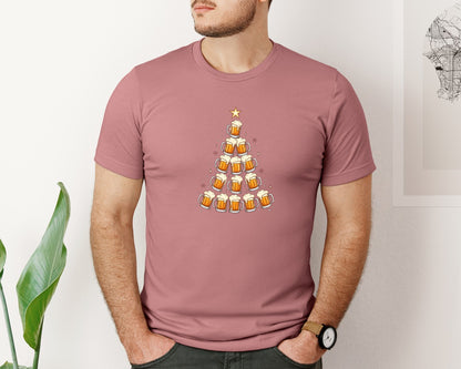 brand:Bella Canvas|color:Heather Mauve|Beer Mug Christmas Tree Graphic T-Shirt