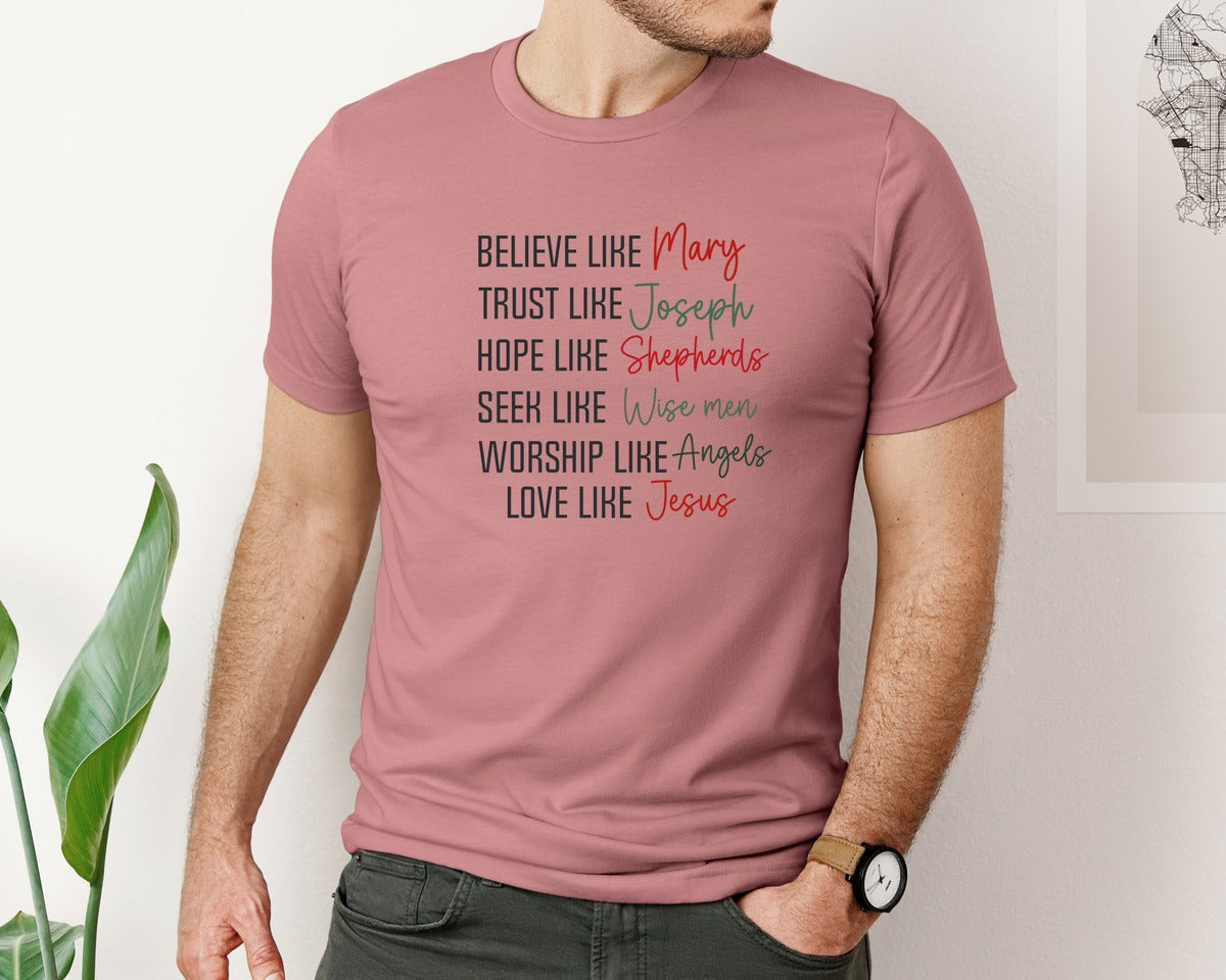 brand:Bella Canvas|color:Heather Mauve|Believe Like Mary Christian Graphic T-Shirt