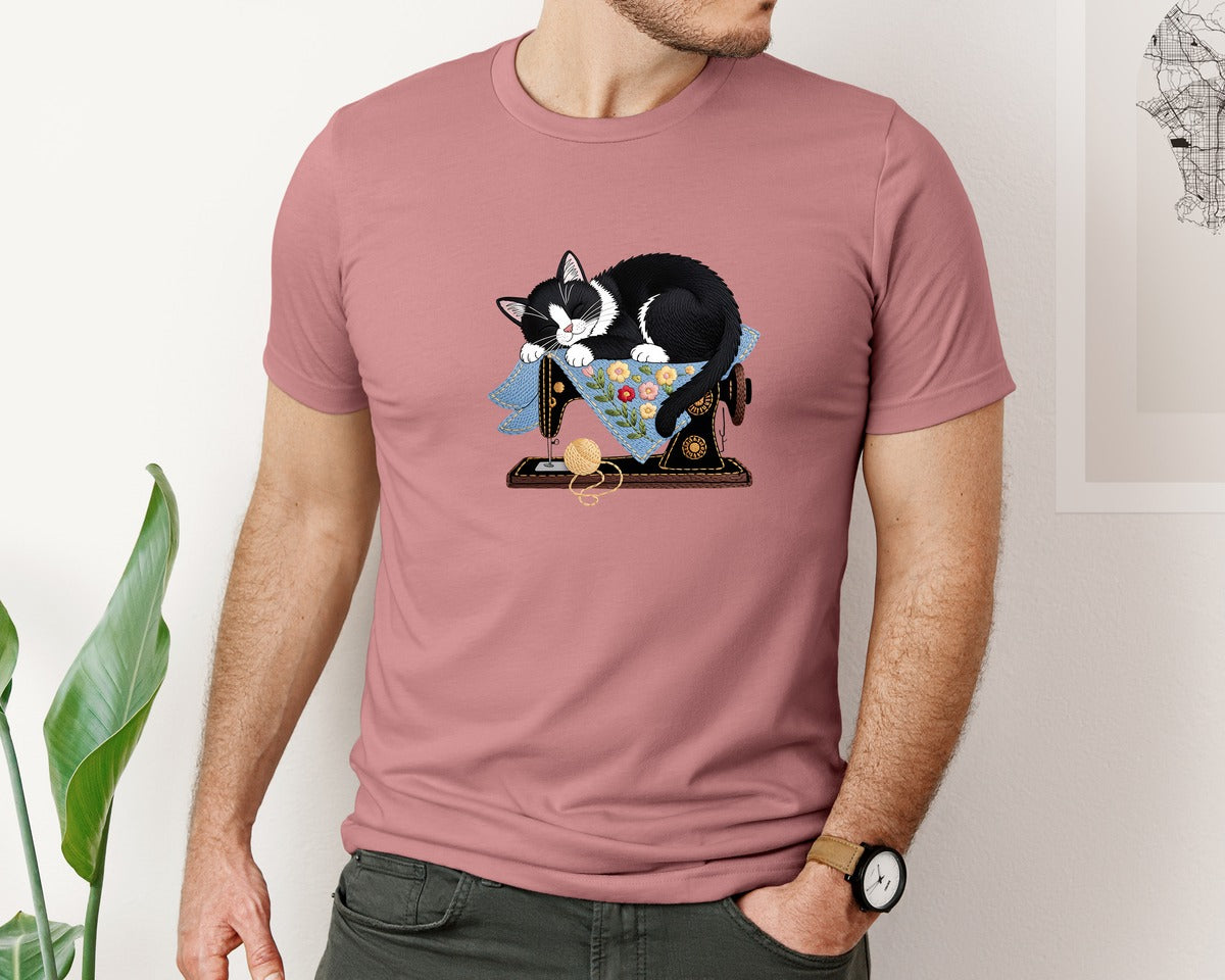 brand:Bella Canvas|color:Heather Mauve|Cat Sewing Machine Embroidery Art Graphic T-Shirt