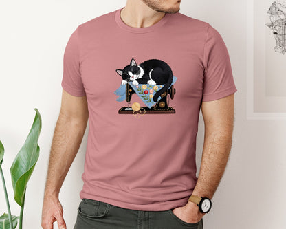 brand:Bella Canvas|color:Heather Mauve|Cat Sewing Machine Embroidery Art Graphic T-Shirt
