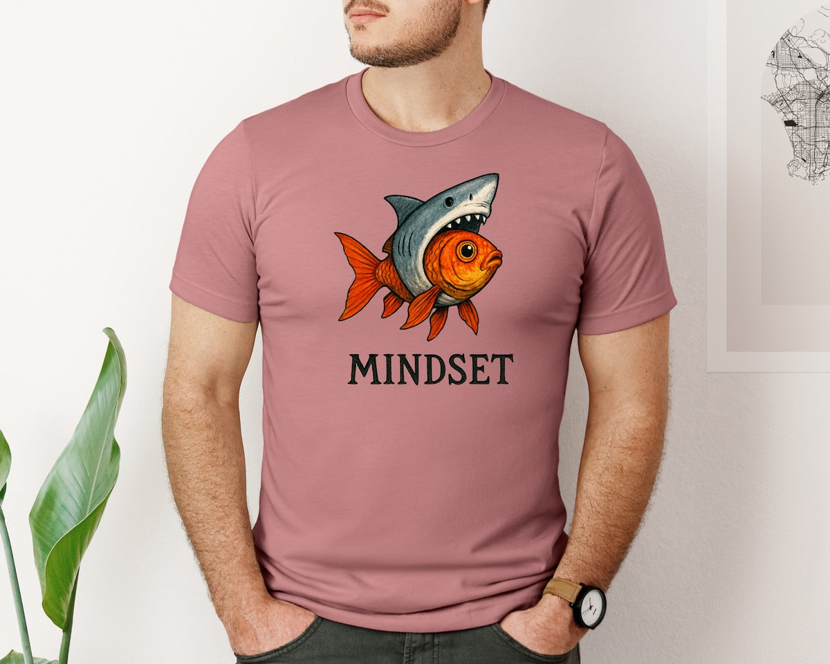 brand:Bella Canvas|color:Heather Mauve|Mindset Goldfish Shark Funny Graphic T-Shirt