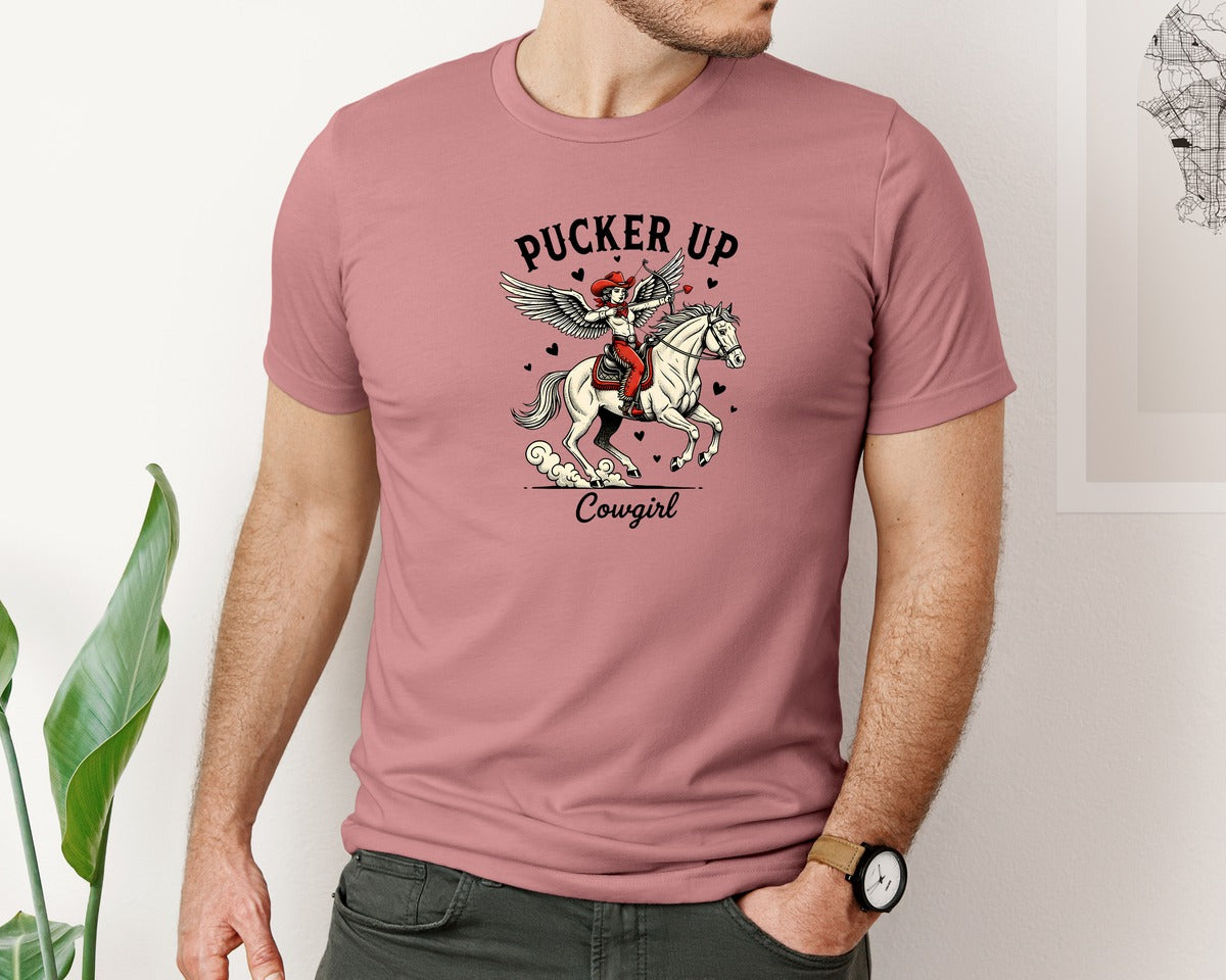 brand:Bella Canvas|color:Heather Mauve|Pucker Up Cowgirl Western Valentine Graphic T-Shirt