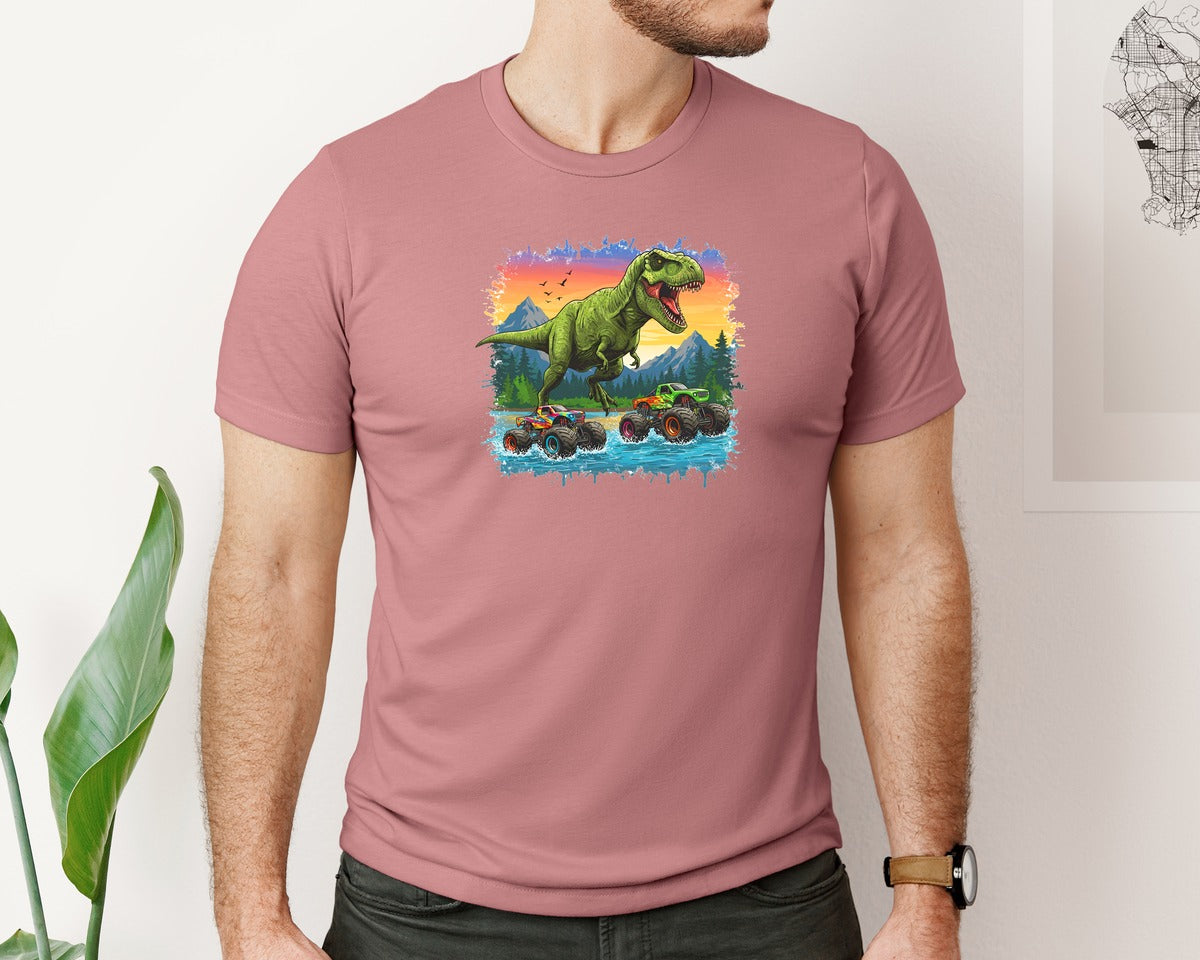 brand:Bella Canvas|color:Heather Mauve|Dinosaur Monster Truck T Rex Graphic T-Shirt