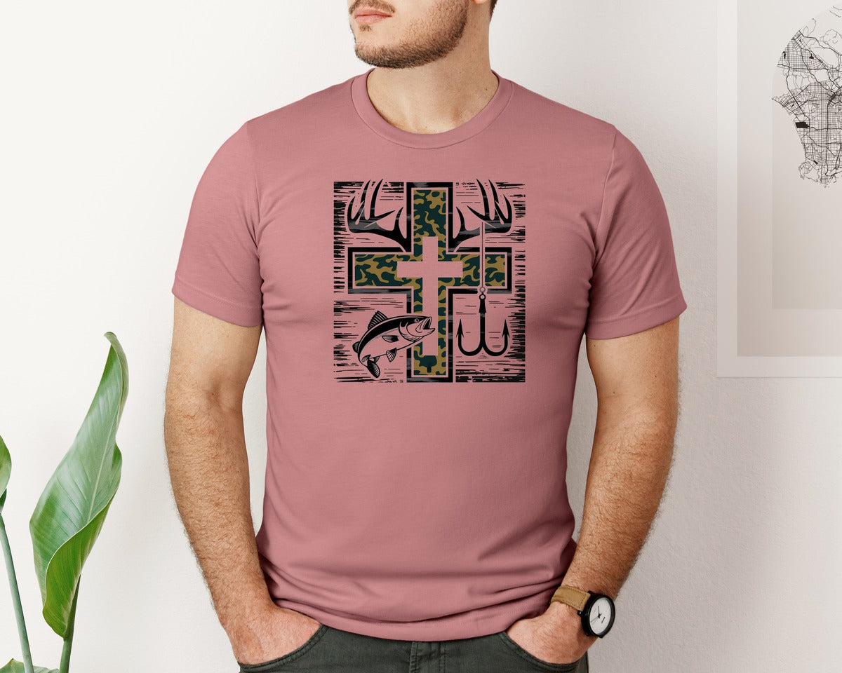 brand:Bella Canvas|color:Heather Mauve|Camo Cross Fishing Pngchristian Hunting Graphic T-Shirt