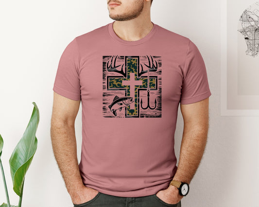Camo Cross Fishing Pngchristian Hunting Graphic T-Shirt