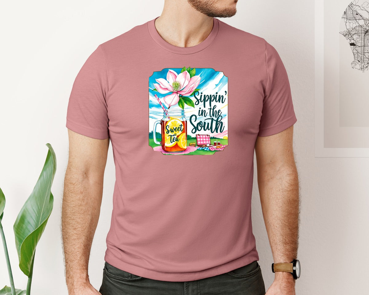 brand:Bella Canvas|color:Heather Mauve|Sippin In The South Sweet Tea Preppy Graphic T-Shirt