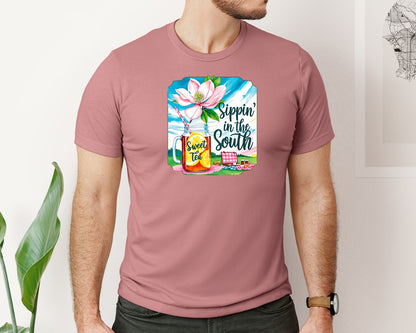brand:Bella Canvas|color:Heather Mauve|Sippin In The South Sweet Tea Preppy Graphic T-Shirt