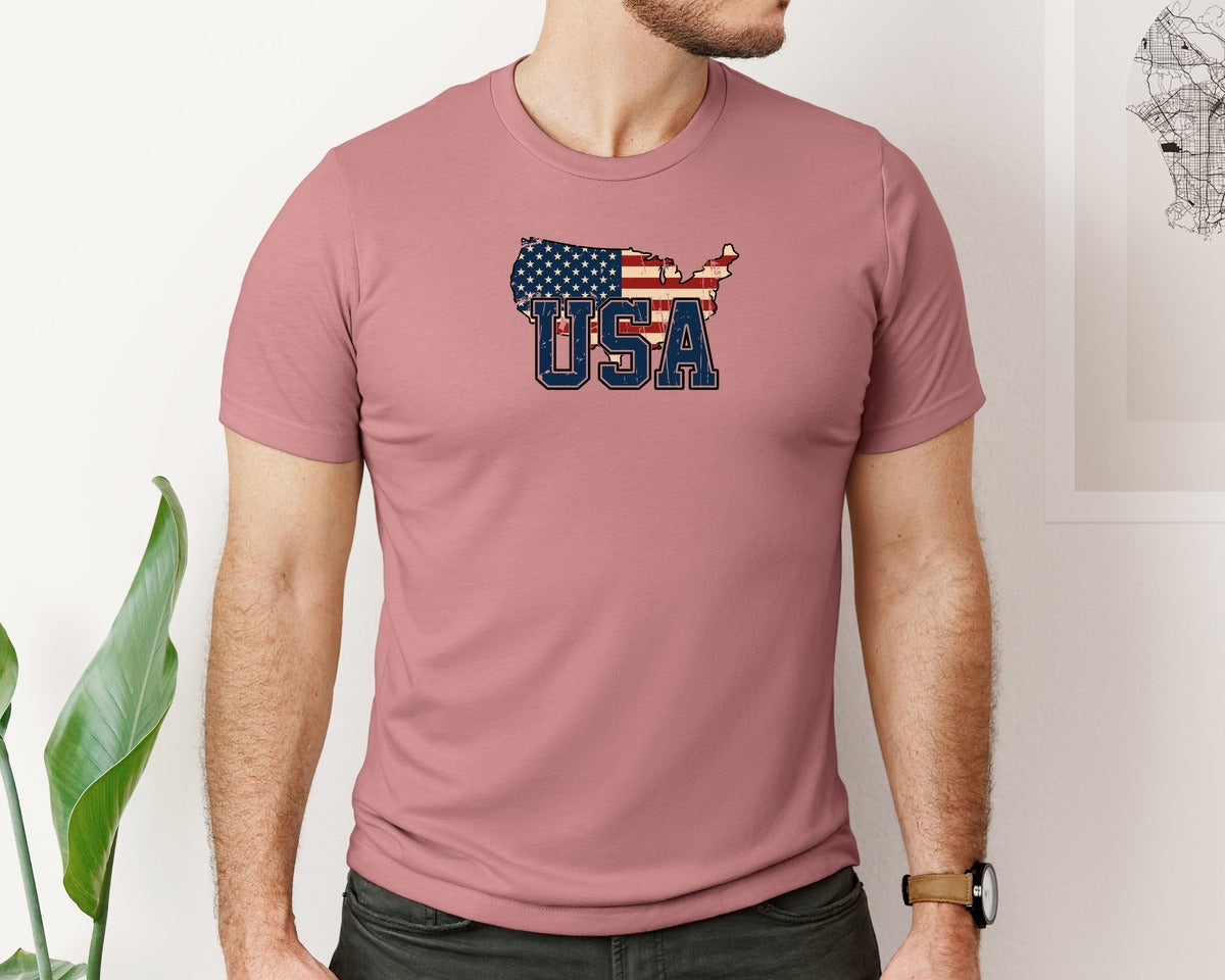 brand:Bella Canvas|color:Heather Mauve|America Usa Map 4Th Of July Patriotic Graphic T-Shirt