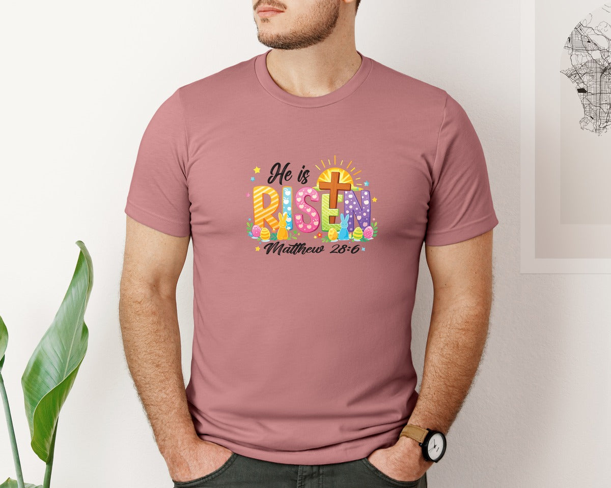 brand:Bella Canvas|color:Heather Mauve|Christian He Is Risen Easter Bunny Graphic T-Shirt