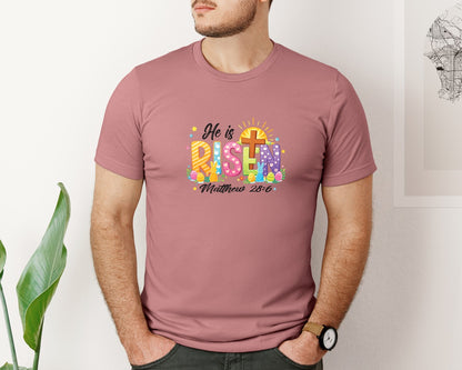 brand:Bella Canvas|color:Heather Mauve|Christian He Is Risen Easter Bunny Graphic T-Shirt