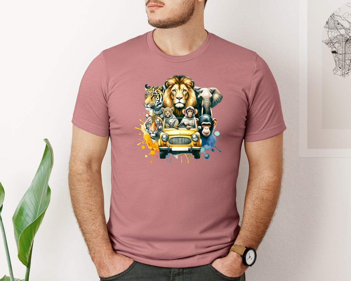 brand:Bella Canvas|color:Heather Mauve|Safari Animals Lion Tiger Elephant Graphic T-Shirt