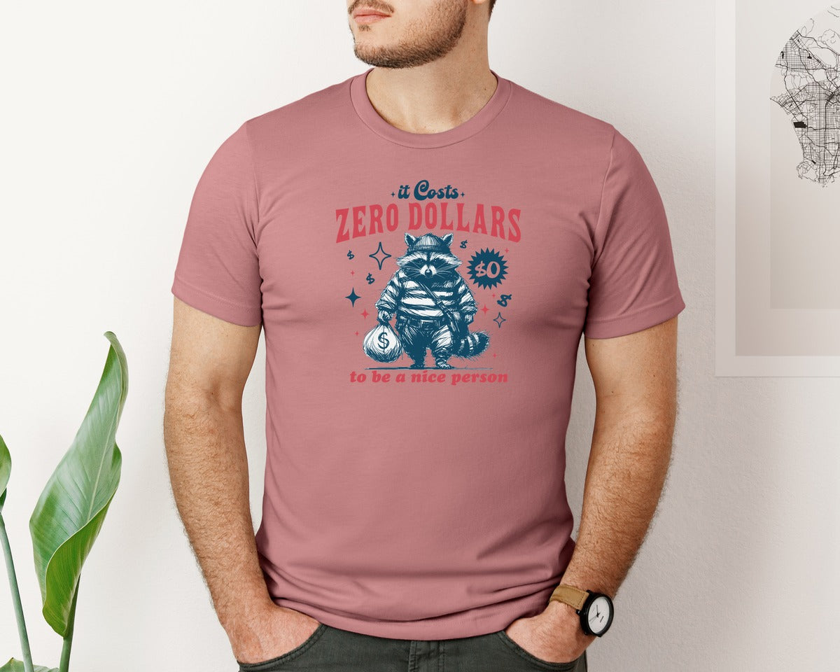 brand:Bella Canvas|color:Heather Mauve|Zero Dollars Be A Nice Person Raccoon Graphic T-Shirt