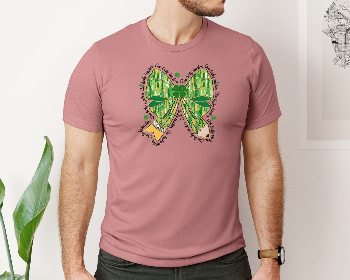 brand:Bella Canvas|color:Heather Mauve|One Lucky Teacher Bow Graphic T-Shirt