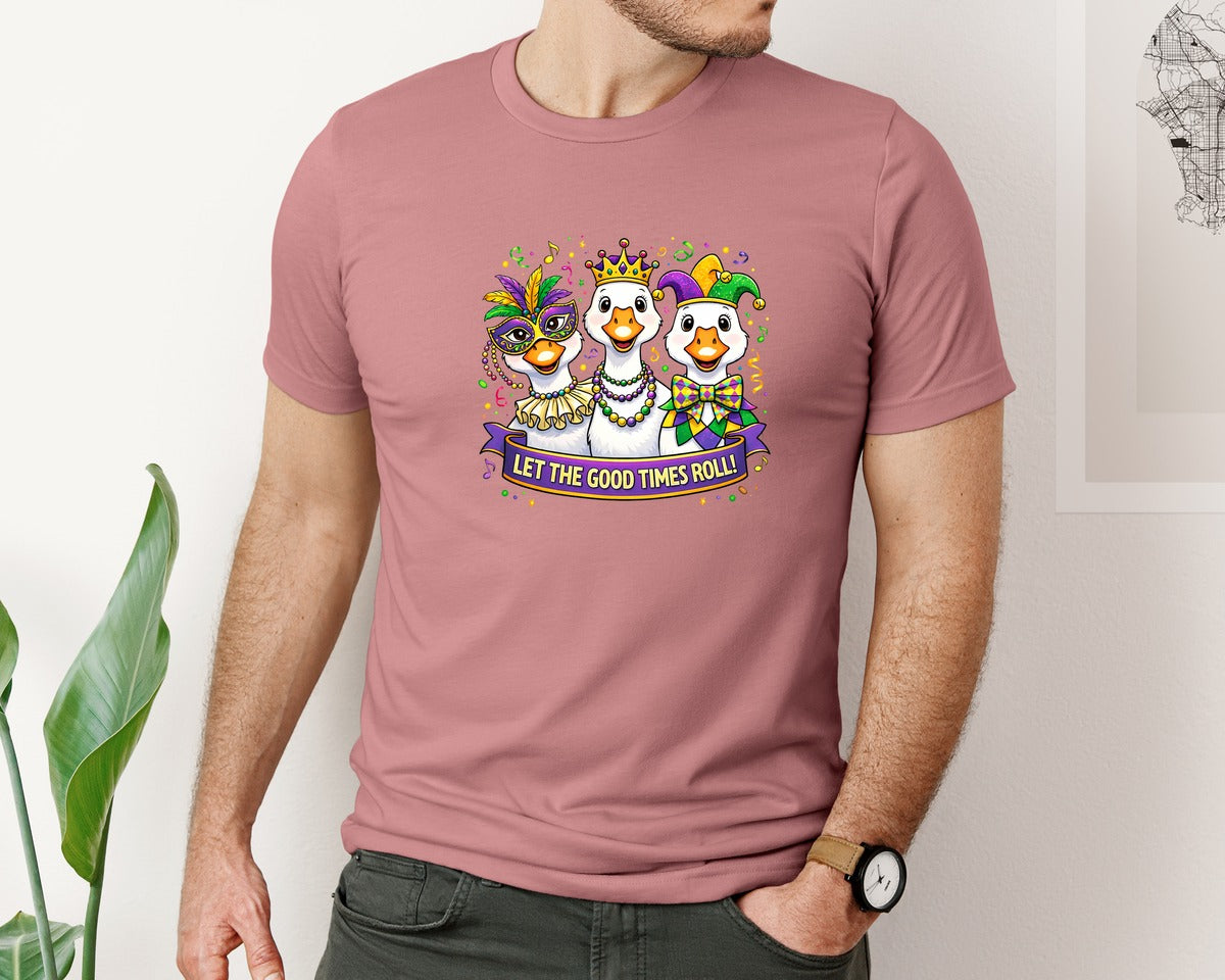 brand:Bella Canvas|color:Heather Mauve|Funny Mardi Gras Goose Let The Good Graphic T-Shirt