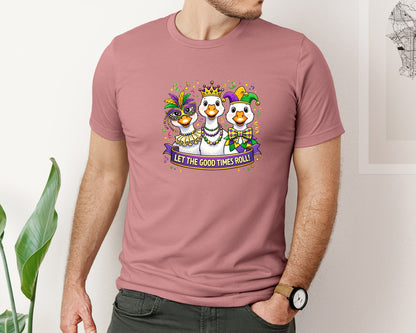 brand:Bella Canvas|color:Heather Mauve|Funny Mardi Gras Goose Let The Good Graphic T-Shirt
