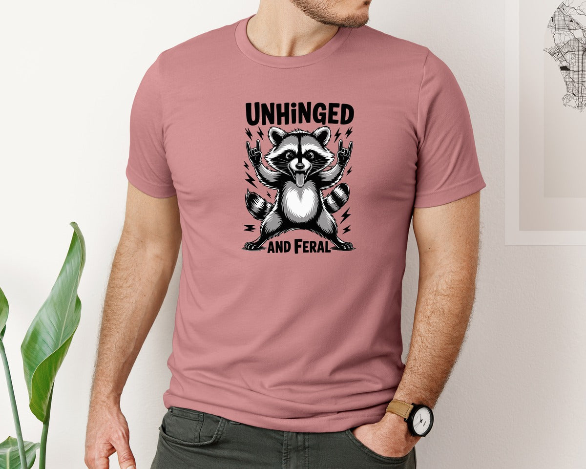 brand:Bella Canvas|color:Heather Mauve|Feral Raccoon Unhinged Pose Art Graphic T-Shirt