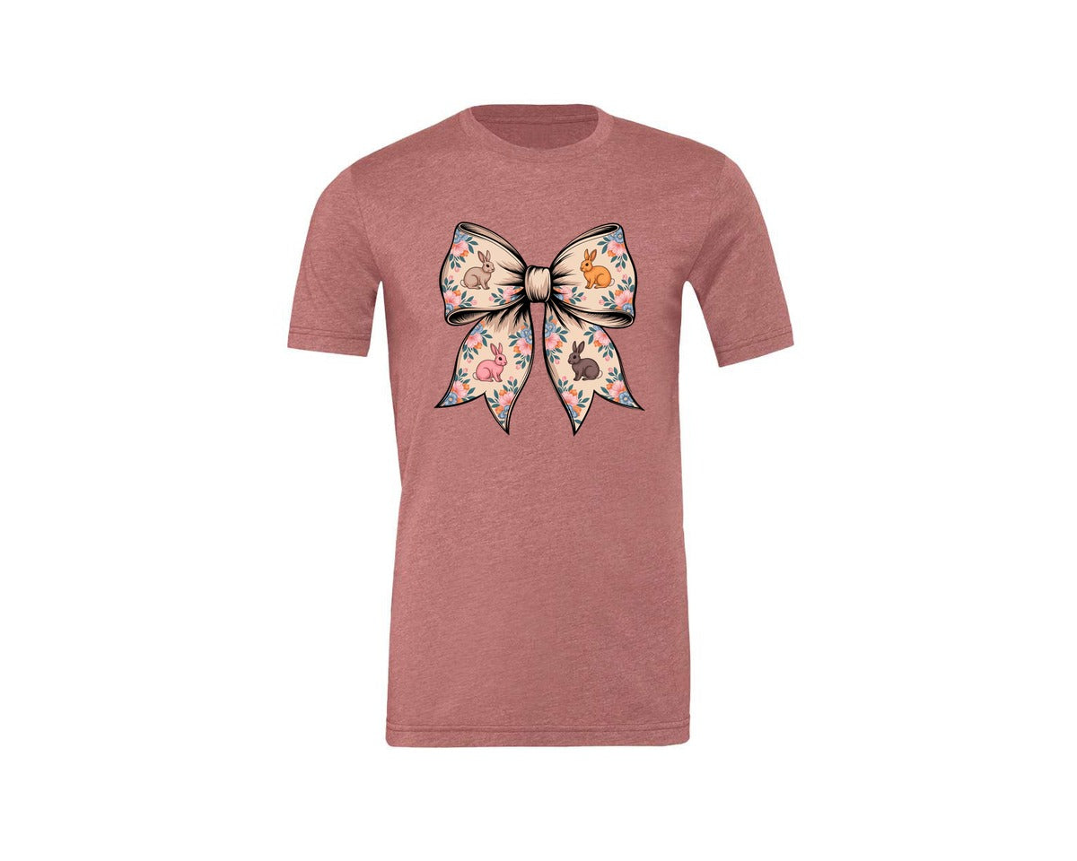 brand:Generic|color:Heather Mauve|Floral Bunny Bow Graphic T-Shirt