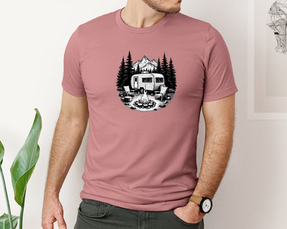 brand:Bella Canvas|color:Heather Mauve|Outdoor Mountain Rv Camping Illustration Graphic T-Shirt