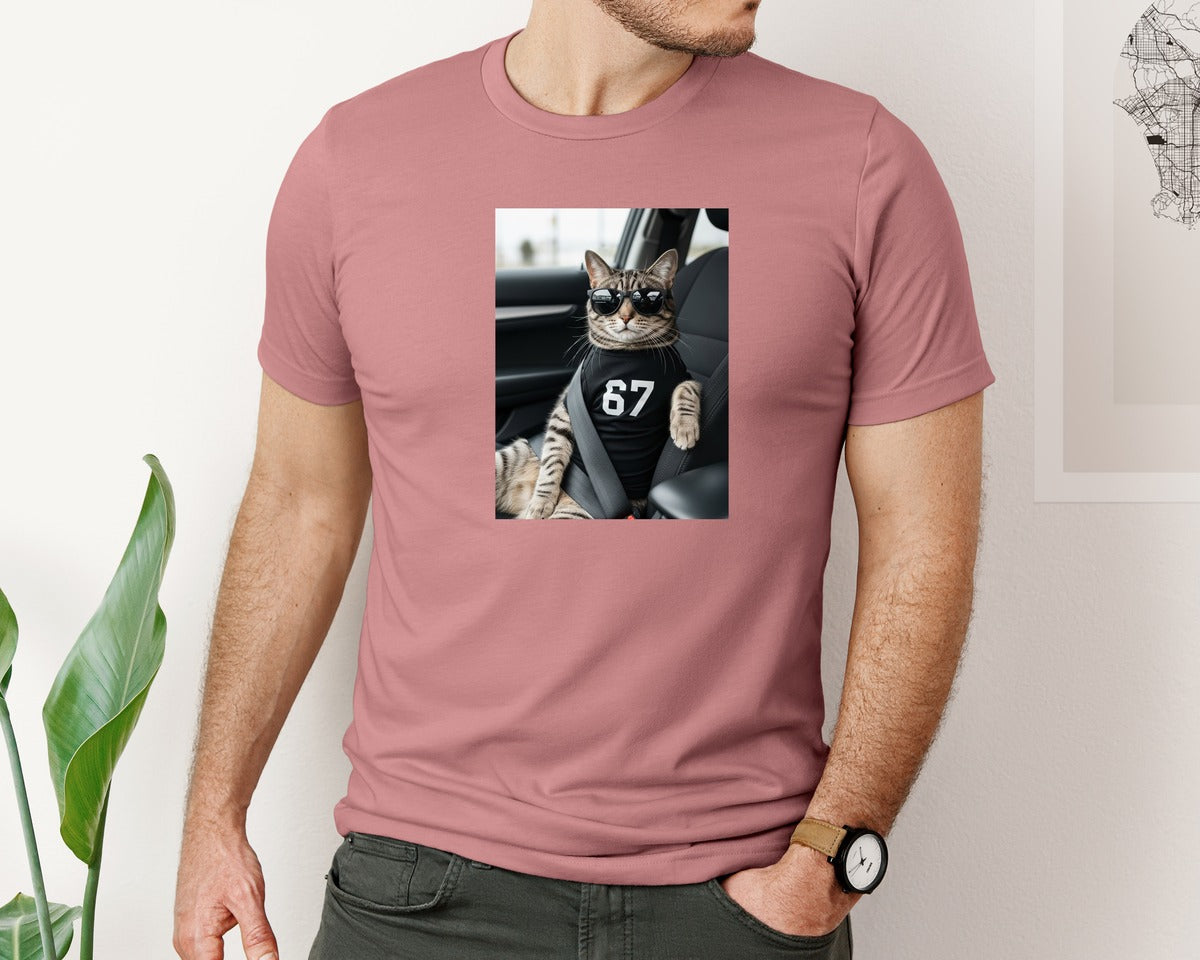 brand:Bella Canvas|color:Heather Mauve|Funny Cool Cat Wearing Six Seven Graphic T-Shirt