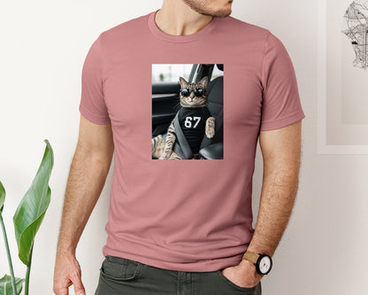 brand:Bella Canvas|color:Heather Mauve|Funny Cool Cat Wearing Six Seven Graphic T-Shirt