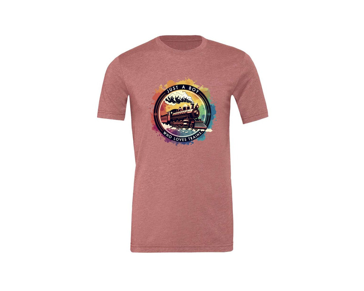 brand:Generic|color:Heather Mauve|Just A Boy Who Loves Trains Graphic T-Shirt