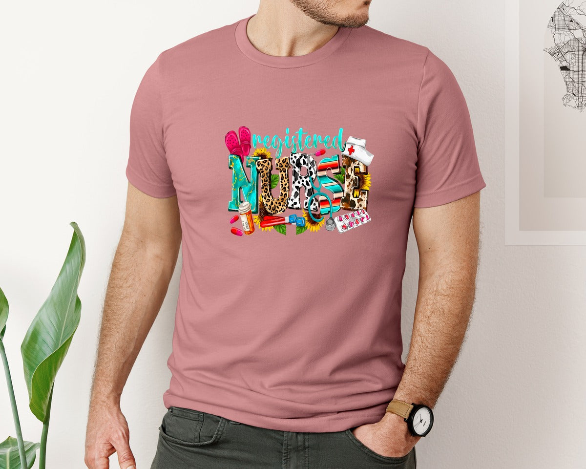 brand:Bella Canvas|color:Heather Mauve|Registered Nurse Colorful Medical Design Graphic T-Shirt