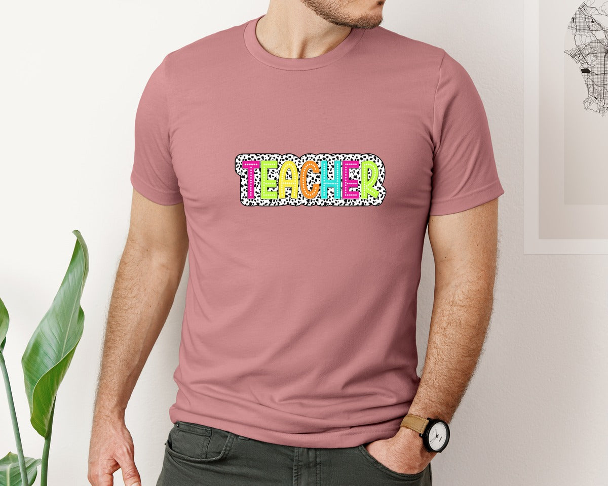 brand:Bella Canvas|color:Heather Mauve|Teacher Dalmatian Dots Graphic T-Shirt