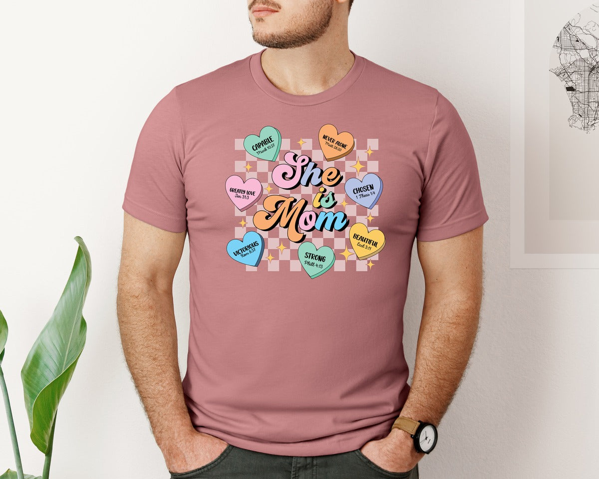 brand:Bella Canvas|color:Heather Mauve|She Is Mom Bible Hearts Graphic T-Shirt
