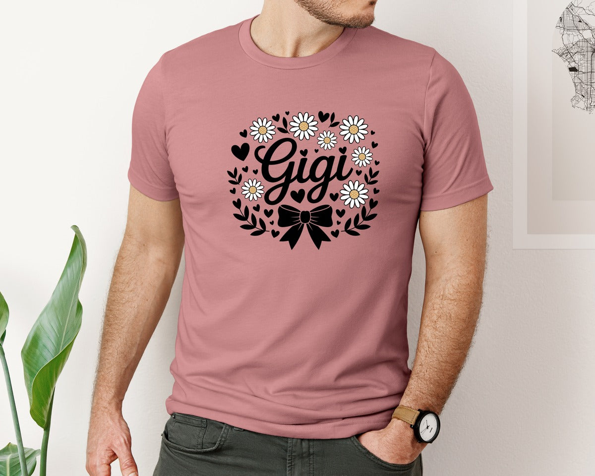 brand:Bella Canvas|color:Heather Mauve|Gigi Daisy Flowers Bow Hearts Graphic T-Shirt
