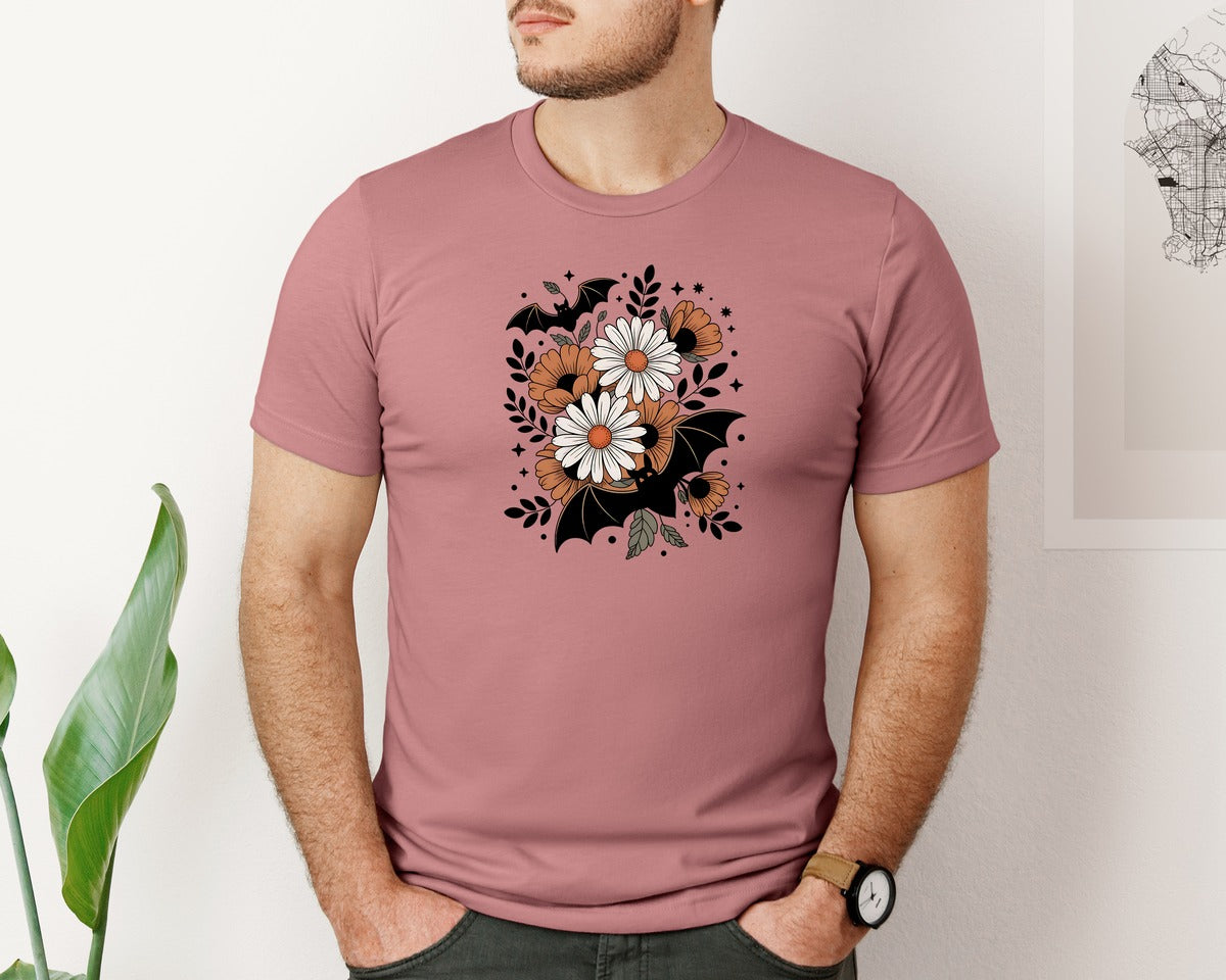 brand:Bella Canvas|color:Heather Mauve|Boho Floral Bats Pngretro Halloween Graphic T-Shirt