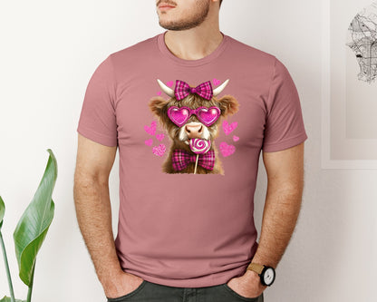 brand:Bella Canvas|color:Heather Mauve|Highland Cow Valentines Coquette 20 Graphic T-Shirt