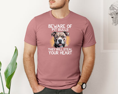 brand:Bella Canvas|color:Heather Mauve|Beware Of Pitbull Terrier T Shirt Graphic T-Shirt